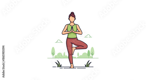 Cartoon Woman Practicing Yoga Tree Pose Illustration.
