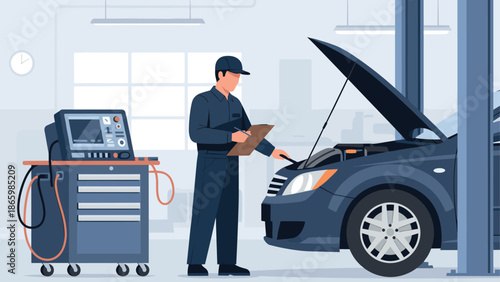 Mechanic inspecting car on lift in modern auto repair shop