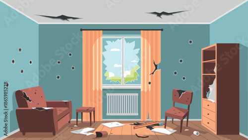 Post-apocalyptic room with damaged furniture and broken windows in flat art style