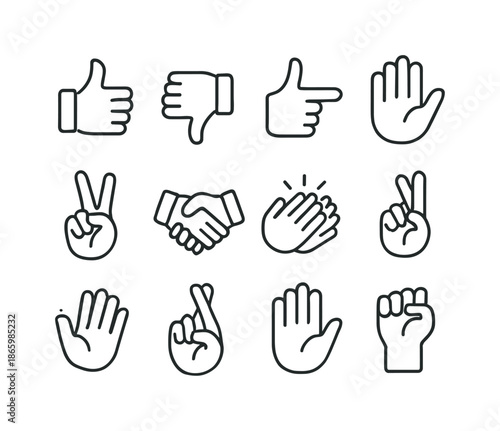 Gesture Icon Set. Gestures. Line icon set of Gestures: thumbs up, thumbs down, pointing hand, open palm, victory sign, handshake, clapping hands, ok sign,