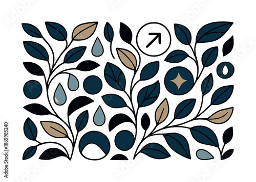 Geometric Leaf Harmony. Leaf pattern geometry. Repeating natural forms ? leaves, branches, water droplets ? interlace with clean abstract shapes in a modern