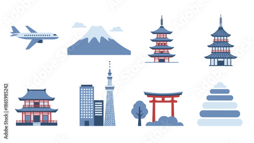 Modern flat icons of japanese landmarks featuring pagoda, mt. fuji, and traditional structures
