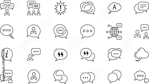 Set of communication icons, speech bubble symbols, chat elements, group discussion, message notification, information, global talk, feedback, and social interaction (21 words)