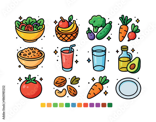 Healthy Food Icons. Healthy eating. Colorful isometric vector icons set of healthy eating: salad bowl, fruit basket, vegetables, whole grains, smoothie, water