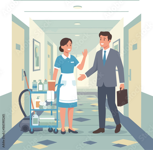 Friendly Housekeeper Waving to Business Traveler in Hotel Hallway