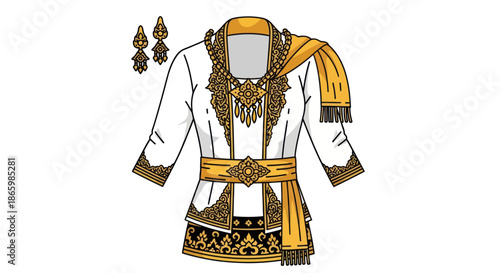 Ornate Traditional White and Gold Ceremonial Tunic with Accessories.