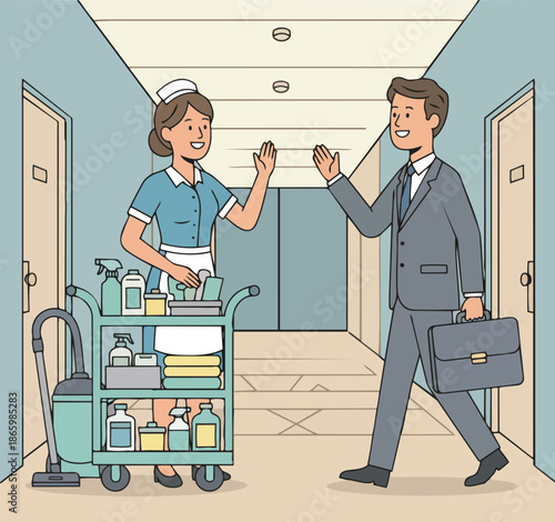 Friendly Hotel Housekeeper and Businessman Waving Hello in Hallway