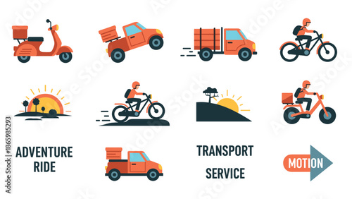 Adventure transport icons: bikes, scooters, and vehicles on the move