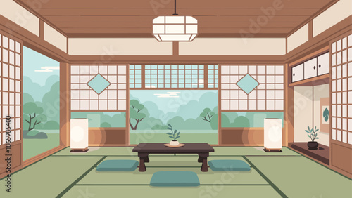 Traditional japanese room with tatami flooring and shoji screens in soft pastel colors