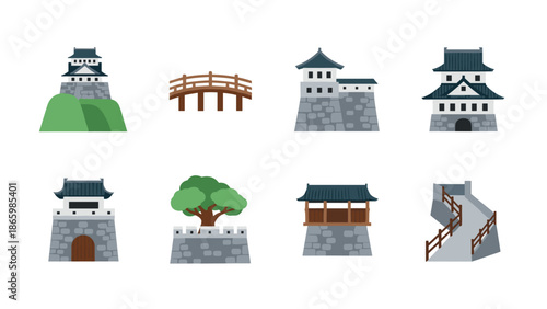 Traditional japanese castle elements with stone walls and wooden structures