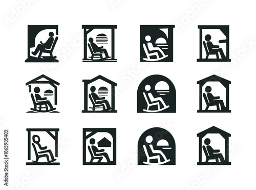Porch Relaxation Icons. Relaxing on porch. Icon set. Set Logo of relaxing on porch: Sunset view. harmonious logo variations of the same emblematic concept,