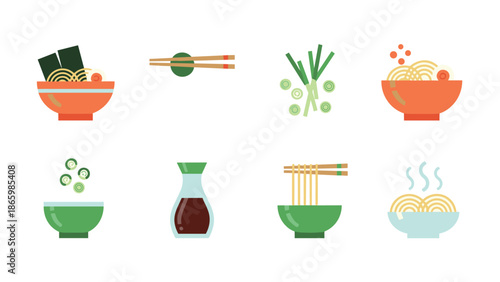 Flat style japanese cuisine elements: noodles, chopsticks, soy sauce, and green onions on white background