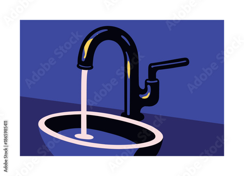 Minimal Matte-Black Faucet. Minimal faucet design. A sleek matte-black faucet pours a smooth stream into a ceramic sink, reflections dancing off the metal