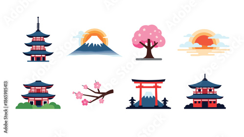 Vibrant japanese icons collection featuring temples, sakura, and traditional landmarks