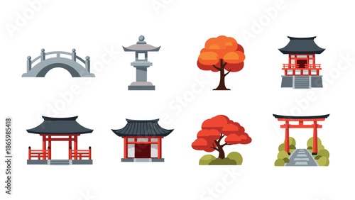 Traditional japanese icons: bridges, shrines, pagodas, and trees in flat design