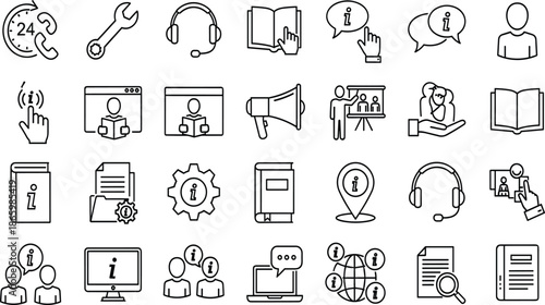 Set of customer support and information line icons featuring manuals, headsets, help desk, and technical assistance symbols for business websites.