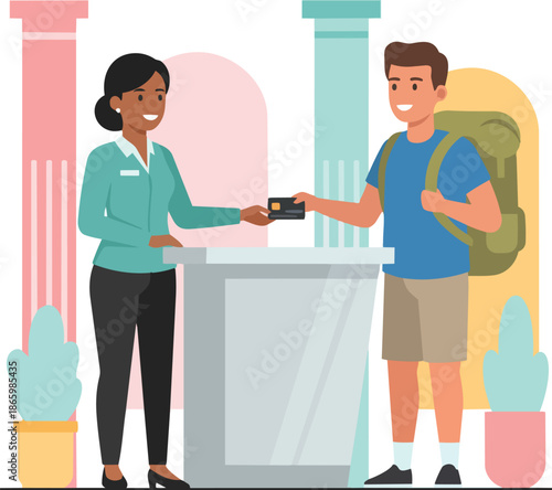 Smiling Hotel Receptionist Handing Room Key Card to a Male Tourist