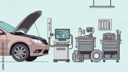 Automobile maintenance flat design with garage tools and diagnostic equipment