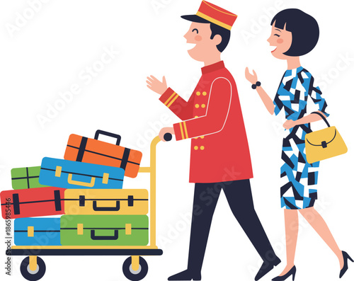 Happy Bellhop Pushing Luggage Cart for Female Traveler at Hotel