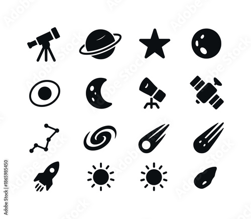 Astronomy Icon Set. Astronomy. Solid icon set of Astronomy: telescope, planet, star, orbit, moon, satellite, constellation, galaxy, comet, rocket, sun, meteor.