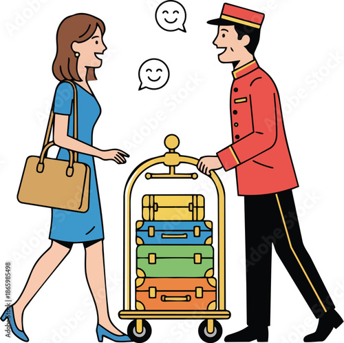 Smiling Bellhop Assists Happy Female Guest with Luggage Cart at Hotel