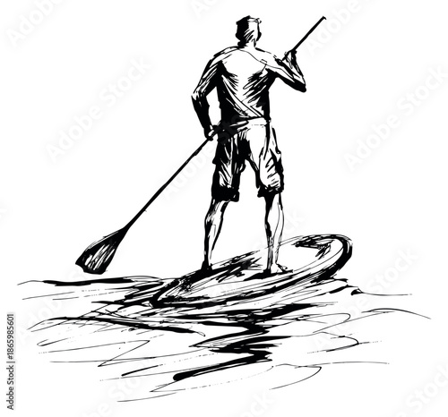 Line art illustration of a man paddleboarding depicting an active outdoor hobby for summer leisure