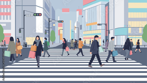 Urban pedestrian cityscape with diverse people crossing street in flat style
