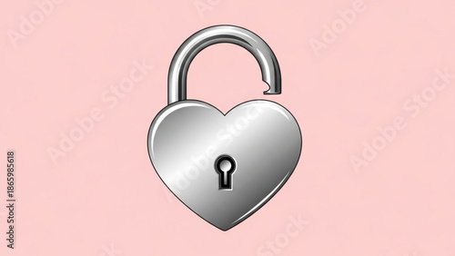 Silver Heart-Shaped Padlock Unlocked on Pink Background, Security, Love and Protection