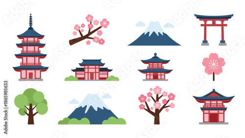 Flat japanese icons featuring pagodas, cherry blossoms, and mount fuji