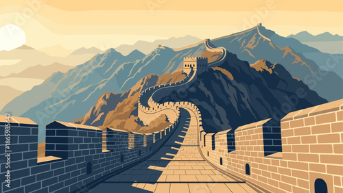 Serene landscape of the great wall at sunrise in vibrant colors