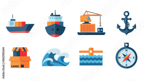Nautical icons pack: colorful maritime elements for logistics and travel design