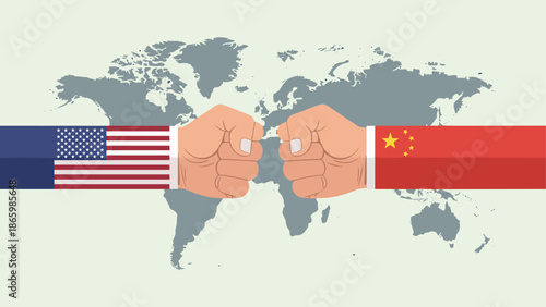 Conceptual image of usa and china trade conflict with fist bump on world map background