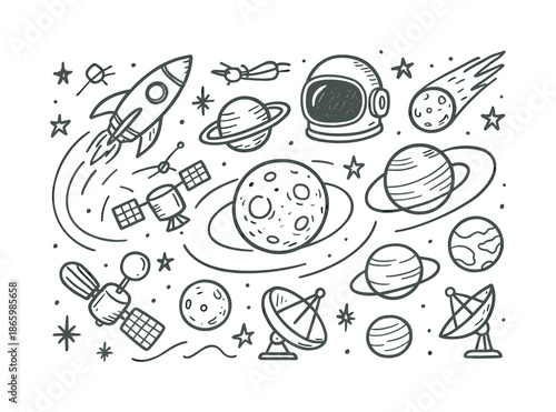 Space Exploration Doodle. Space exploration. Hand-drawn doodle illustration Space exploration rocket, spacecraft, astronaut helmet, planets, orbit paths, moon,