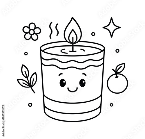 Smiling Candle Coloring Page. Scented candle wax children?s coloring book illustration, outlined drawing, a smiling candle with soft wax layers and simple