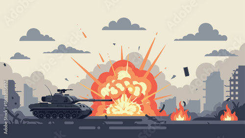 Dramatic warfare scene: tank amidst explosions in urban battle landscape