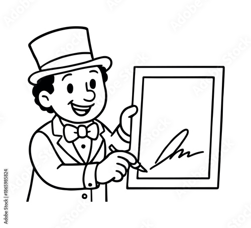 Cheerful Performer Signing. Photo signing children?s coloring book illustration, outlined drawing, a cheerful performer adding a simple signature to a plain