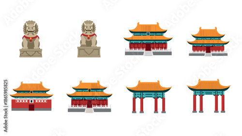 Traditional chinese architecture icons: pagodas, gates, and guardians in flat design