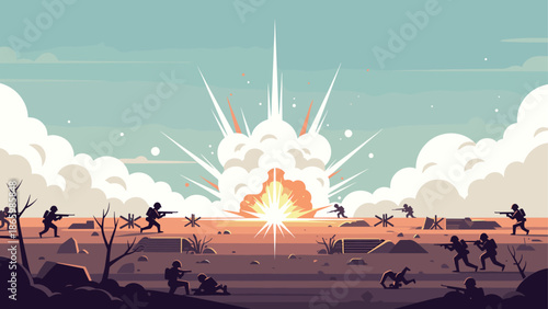 Dramatic battle scene with soldiers and explosion in flat style
