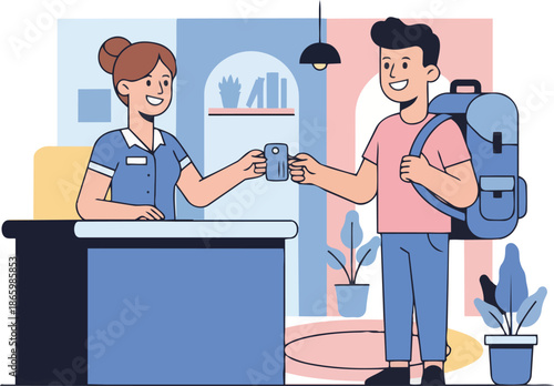 Receptionist Hands Key Card to Smiling Male Traveler at Check in Desk