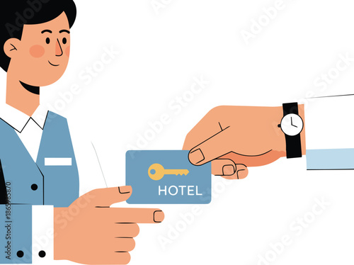 Hotel Staff Member Handing Key Card to Guest at Check in Reception