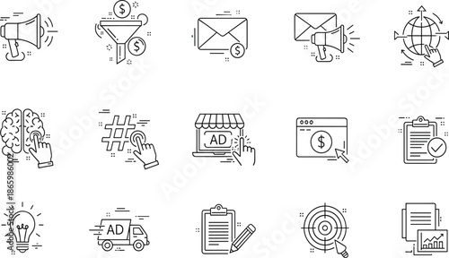 Set of digital marketing icons, sales funnel symbols, megaphone advertisement, online business strategy, target audience, email marketing, and analytics graphics (21 words)
