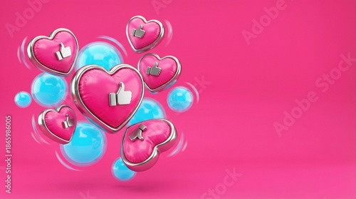 3D pink hearts with silver thumbs up icons and blue spheres on pink background