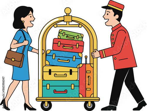 Bellhop and a Woman Pushing a Luggage Cart with Suitcases at a Hotel