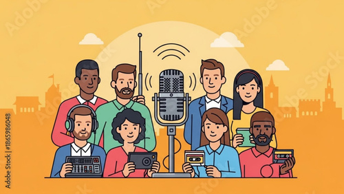 Diverse Radio Team Broadcasting Live from Modern Studio