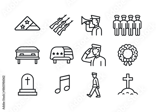 Military Funeral Icons. Military funeral honors. Line icon set of Military funeral honors: folded flag, rifle volley icon, bugler icon, honor guard line,