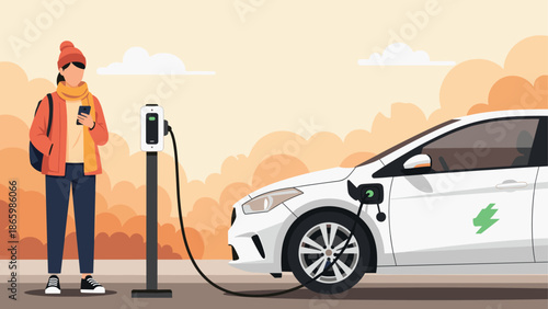 Sustainable future: casual urban scene with electric car charging at station