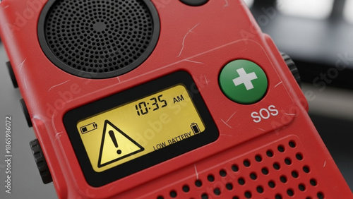 Red Personal Alarm Device with Warning on Screen, Close-up, Isolated on Dark Background
