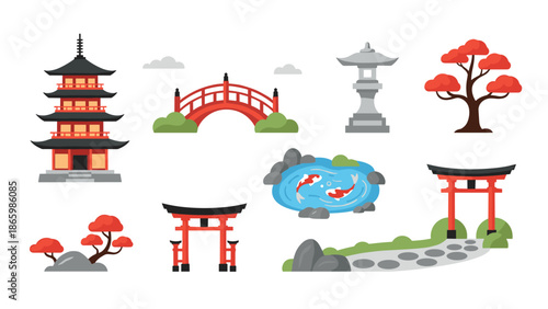 Traditional japanese landmark set with pagoda, bridge, and torii elements