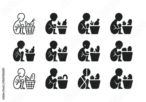 Child Welfare Logos. malnourished child. Icon set. Set Logo of malnourished child: food donation basket. harmonious logo variations of the same emblematic