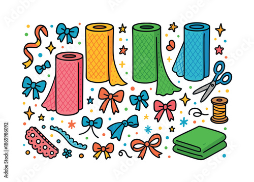 Colorful Tulle Crafting Tools. Tulle Material. Colorful Hand-drawn doodle Children illustration tulle fabric rolls, soft mesh, ribbons, bows, sparkles, tiny